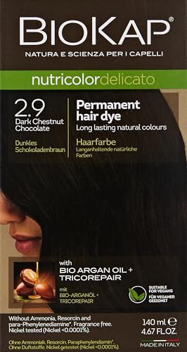 BIOKAP Nutricolor Delicato, Tinta capelli 2.9 Castano Scuro Cioccolato, Tinta capelli senza ammoniaca che rende i capelli morbidi e lucenti, Colorazione capelli con colori naturali, 140 ml