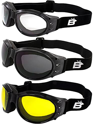 Birdz Eyewear Eagle Padded Motorcycle Goggles - 3 Pairs with Black Frames and Clear, Smoke, and Yellow Lenses for Day and Night Riding Comfort in All Weather Conditions