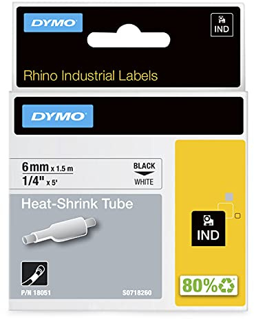 DYMO Rhino Industrial Heat-Shrink Cable Label Tubes | 6mm x 1.5m | Black Print on White | for Rhino Label Makers