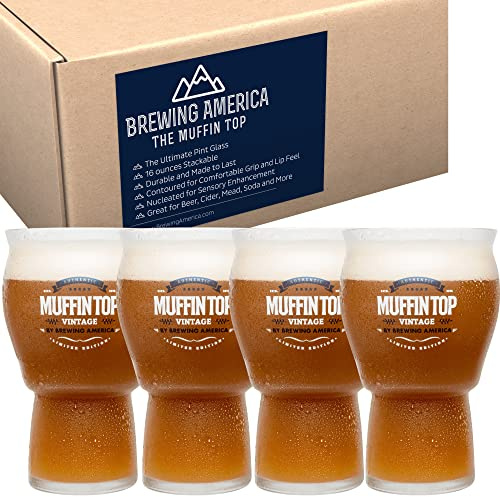 Brewing America Muffin Top Nucleated Beer Glasses - Pint Glass - Cider, Soda, Craft Beer Gifts (Logo) (4-Pack)
