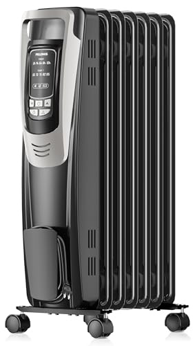 PELONIS Radiator Heater for indoor use Large Room with Remote, Thermostat & LED Display, Quiet Oil Filled Heater with 5 Temperature Settings, Overheat & Tip-Over Protection, Silver
