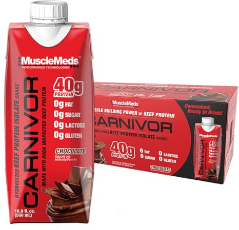 MuscleMeds Carnivor RTD, Ready to Drink Protein, Lactose Free, Sugar Free, 40g Isolate Protein, Muscle Building, Recovery, Chocolate, 16.9 Fl Oz (Pack of 12)