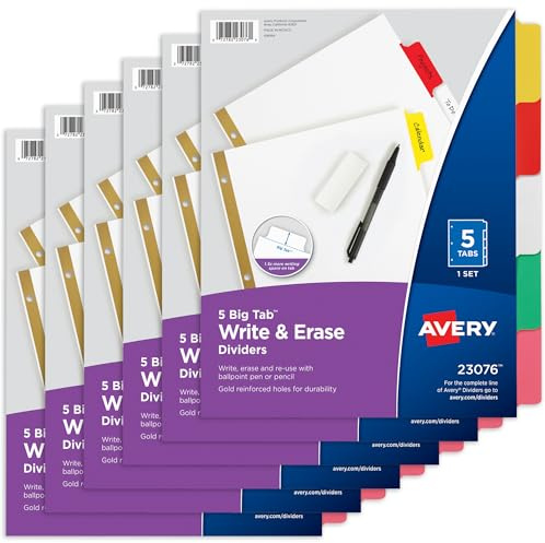 Avery Big Tab Write & Erase Dividers for 3 Ring Binders, 5-Tab Set, Multicolor Divider Tabs, Great for Organizing Projects, Reports, Finances, and More (6-Pack of 23076)