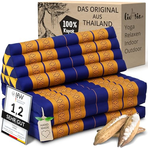 livasia cuscino thai per due persone XXL - 190x80x8cm - cuscino triangolare a 3 segmenti materasso pieghevole, kapok largo, per la schiena pieghevole, meditazione (Blu/Giallo)