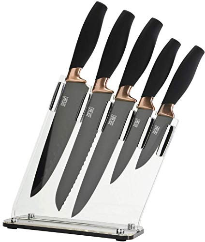 5pc Kitchen Knife Set & Block - Brooklyn Range by Taylors Eye Witness. Copper Coloured Bolsters. Finely Ground Razor Sharp Black Ceramic Coated Blades. Soft Grip Handles. Set in Sloping Carry Block.