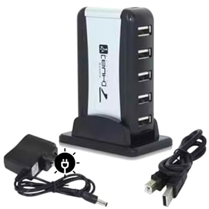 O19C 7-Port USB 2.0 Hub Adapter with Power Supply and Stand - High Speed USB 2.0 Hub (480Mbps) for PC and Mac, Plug & Play