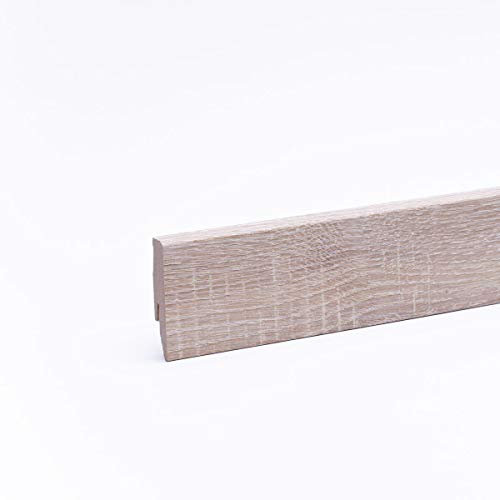 Leiste24 Dekor-Sockelleiste 60mm I Fußleiste 60 Höhe I stabiles MDF mit Dekor I Länge 2.600 mm I Bodenleiste mit integriertem Kabelkanal + Clipfräsung I Eiche White Washed