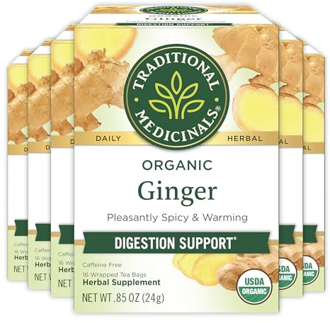 Traditional Medicinals Tea, Organic Ginger, Healthy Digestion, Pleasantly Spicy & Warming, Kosher, Non-GMO, Caffeine-Free, Compostable - 96 Tea Bags (6 Pack)
