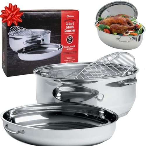 Stainless Steel Professional Grade Multi Roaster - Four Cookware Products in One, Including Extra Large Roaster