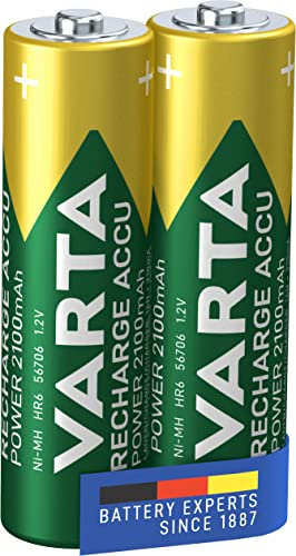 VARTA Batterien AA, wiederaufladbar, 2 Stück, Recharge Accu Power, Akku, 2100 mAh Ni-MH, ohne Memory Effekt, vorgeladen, sofort einsatzbereit
