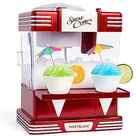Nostalgia Snow Cone Shaved Ice Machine - Retro Table-Top Slushie Machine Makes 20 Icy Treats - Includes 2 Reusable Plastic Cups & Ice Scoop - Retro Red