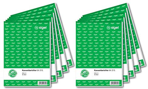 SIGEL KA515/10 Kassenbericht A5, 10 Stück á 50 Blatt, zur korrekten Ermittlung des Tagesabschlusses, für Brutto- und Nettoverbuchungen, mikroperforiert, aus nachhaltigem Papier