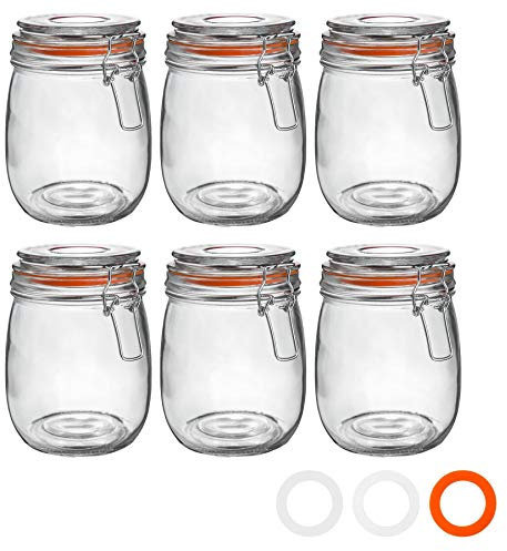 Argon Tableware Glass Jars with Airtight Metal Clip Lid - 750ml/26.4oz - 6 Pack - 4 Colour Seals - Kitchen Container Round Preserving Jar for Pickling, Chutney, Jam, Coffee
