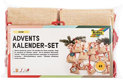 folia 63121 – Adventskalender set med väska i jutelook, snöre 2 m lång, 24 påsar vardera 10 x 13 cm stor och 24 nummerhängen, för små överraskningar i adventet