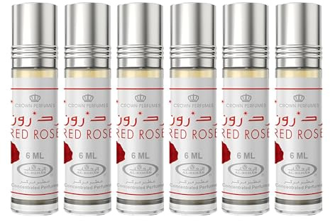Pack de 6 Huiles de Parfum RED ROSE Al Rehab 6 ml Notes Rose Vanille Poudrée – Huile Parfumée Musc Oriental pour Femme et Homme Sans Alcool