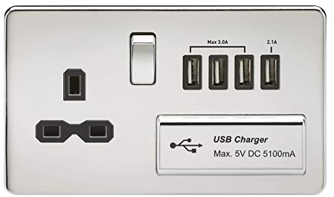 Knightsbridge SFR7USB4PC Screwless 1G 13A Switched Socket with Quad USB Charger 5V Dc 5.1A-Polished Chrome W/Black Insert, Silver