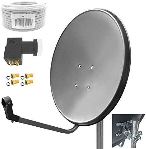 60 cm HD Sat Anlage Quad LNB + 20m Koaxialkabel 135dB + 4 F-Stecker Digital 4 Teilnehmer Antenne Grau UHD 4K