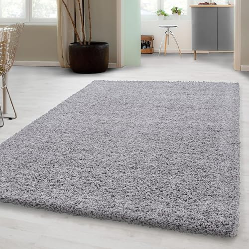 Carpetsale24 Shaggy Hochflor Teppich 140x200 cm Hellgrau weich flauschig modern einfarbig Vielseitig einsetzbar im Wohnbereich für Wohnzimmer Schlafzimmer Flur