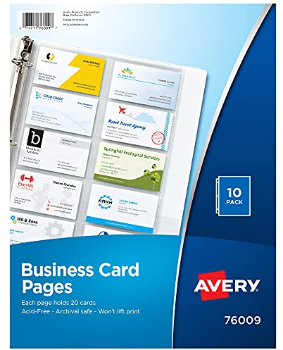 Avery Clear Business Card Organizer Pages for 3 Ring Binders, Pack of 10, Holds 200 Cards Total (76009)