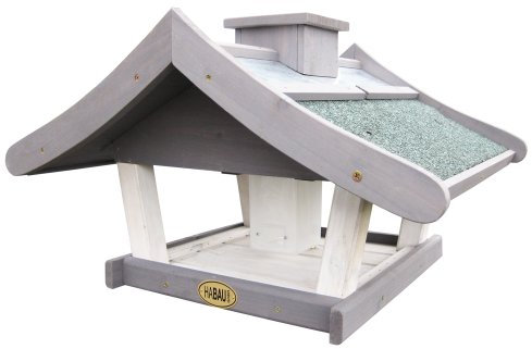 HABAU Vogelhaus Grönland mit Futtersilo und Ständer - Grau-weißes Futterhaus mit Dach aus Zinkblech und Bitumenpappe