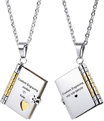 MeMeDIY Personalisierte Buch Anhänger Halskette Angepasst Gravur Name Datum für Damen Männer Mädchen Junge Bester Freund Edelstahl Kette Liebhaber Jubiläum Brautjungfer Geschenk(Gold Farbe)