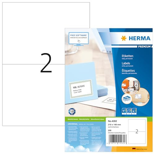 HERMA 4282 Versandetiketten, 100 Blatt, 210 x 148 mm, 2 pro A4 Bogen, 200 Stück, selbstklebend, bedruckbar, matt, blanko Papier Adressetiketten Aufkleber, weiß