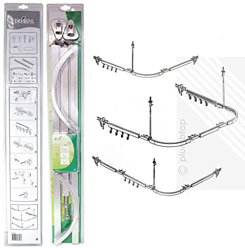 EcoSpa Professional Shower Curtain Track Rail Kit, Polished Aluminium Finish – Rust-Proof with 3 Configurations – Includes Gliders, Fixings & Ceiling Support