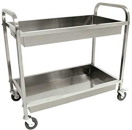 Bayou Classic 4873 Stainless Serving Cart Features Two Trays w/ Galley Rails to Keep Items in Place Locking Casters Easily Transportable Perfect For Parties to Hold All Entertaining Essentials