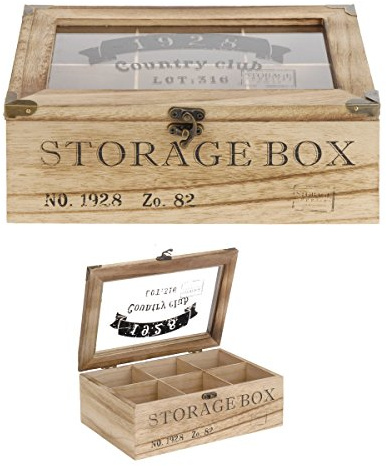 Markenlos Vintage Teebox 6Fächer 24x16,5x8,5cm Teekistchen Teebeutelbox Teekiste Teedose