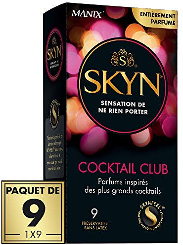 SKYN Cocktail Club:Lot de 9 Préservatifs Aromatisés Skynfeel/3 Saveurs:Pina Colada,Cherry Sunrise,Passion Daiquiri/sans latex,pour Homme,de Taille Régulière,Solides,Lisses et Fins,Forme Droite