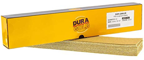 Dura-Gold Premium 40 Grit Gold Pre-Cut PSA Longboard Sandpaper Sheets, Box of 20, 2-3/4 x 16-1/2 Self-Adhesive Stickyback Sandpaper for Automotive, Woodworking Air File Sander, Hand Sanding Block