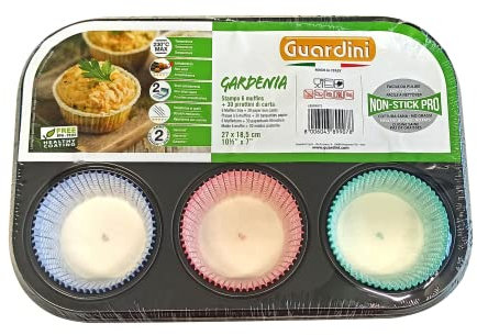 Guardini, Stampo 6 muffins + 30 pirottini in carta, Acciaio con rivestimento antiaderente, Nero, Made in Italy, Linea Gardenia