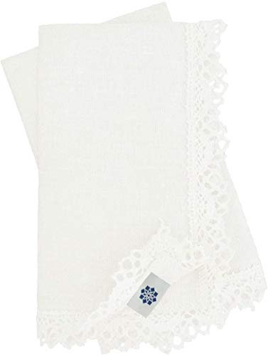 Linen & Cotton 2 x Stoffservietten Vintage Shabby Rustikal Celeste mit Häkeln Spitze - 100% Leinen, Weiß Weiss (39 x 39cm) Servietten Stoff Leinenservietten für Hochzeit Taufe Kommunion Konfirmation