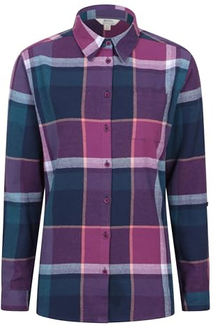 Mountain Warehouse Balsam Brushed Longline Flannel Long Sleeve Womens Shirt - Breathable Checked Shirt, Antipill, Lightweight Ladies Top, Warm - Spring Summer Purple Women's Size 20