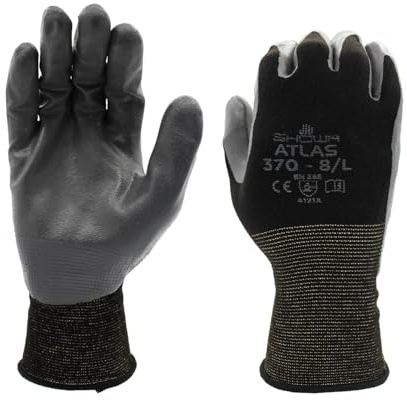 SHOWA Atlas 370B Professional Nitrile Work Gloves, Breathable High-Dexterity Precision Grip for Landscaping, Gardening & Assembly, General Purpose Gloves, Black, Small, 1-Pair