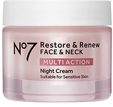 No7 Restore & Renew Multi Action Night Cream for Face & Neck - Nighttime Face Moisturizer with Collagen Peptides - Anti Aging Skin Care for Crepey Skin with Hyaluronic Acid & Ceramides (1.69 Oz)