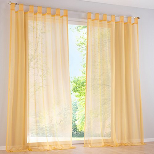 SIMPVALE 2 Stücks Voile Vorhänge zu Gürtelschlaufe transparent Vorhänge Fenster Balkon aus Tüll Breite 140cm, Polyester, Gelb, Höhe 145cm