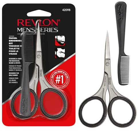 Revlon Men's Beard Grooming Kit, Mustache Trimming Scissors and Facial Hair Comb, Travel Essentials, Stainless Steel Blade, 1 pack