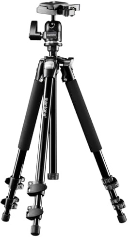 Mantona Basic Scout Max Fotostativ, Kamerastativ bis 160cm große Arbeitshöhe, Kugelkopf, umkehrbare Mittelsäule, ideal für Reisen und Outdoor Fotografie für DSLR Kamera, kompakt leichtes Kamera Stativ