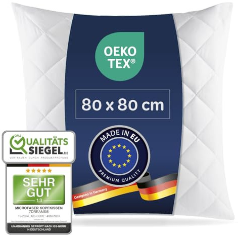 7dreams® Almohada de microfibra acolchada, 80 x 80 cm, apta para alérgicos, certificado Öko-Tex, relleno de bolitas de fibra, peso de relleno de 1000 g, lavable a 95 °C