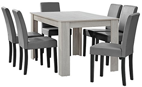 [en.casa] Matbord ek vit med 6 stolar ljusgrå konstläder vadderad 140 x 90 matgrupp matsal