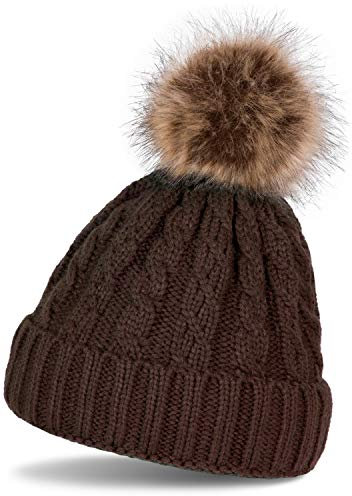styleBREAKER Zopfmuster Bommelmütze, Strickmütze mit Fellbommel, Winter Beanie Mütze, Unisex 04024064, Farbe:Dunkelbraun