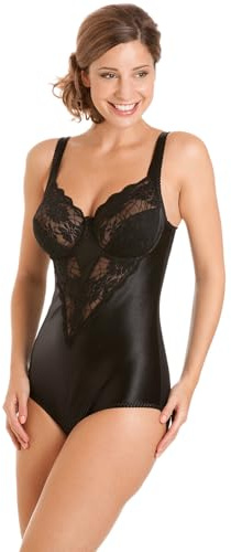 Camille Women's Underwired Shapewear Bodysuit | Floral Lace Tummy Control Body Shaper with Adjustable Straps | Medium Control Underwear for Stomach, Breasts & Hips | Full Figure Support | Black 42D
