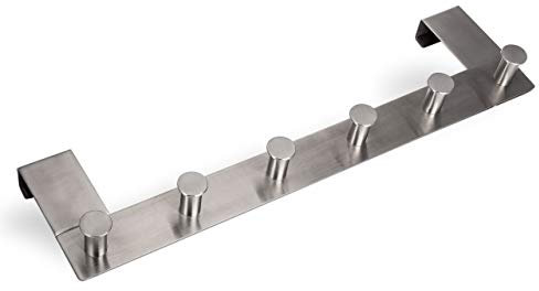 SOTECH Türgarderobe LINEA I (Edelstahl matt gebürstet, 380 x 110 mm, mit 6 Haken) Kleiderhaken für Türen mit Falz max. 16 mm – elegante Ordnung für Ihr Zuhause!