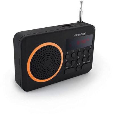 mooov 477204 Petite Radio Portable FM avec Batterie Rechargeable - Poste Transistor Radio Réception FM, Port USB, Lecteur Carte Micro SD - Noir / Orange
