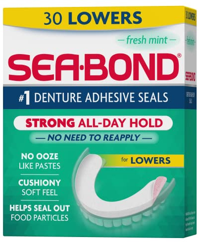 Sea Bond Secure Denture Adhesive Seals, Fresh Mint Lowers, Zinc-Free, All-Day-Hold, Mess-Free, 30 Count (Pack of 1)