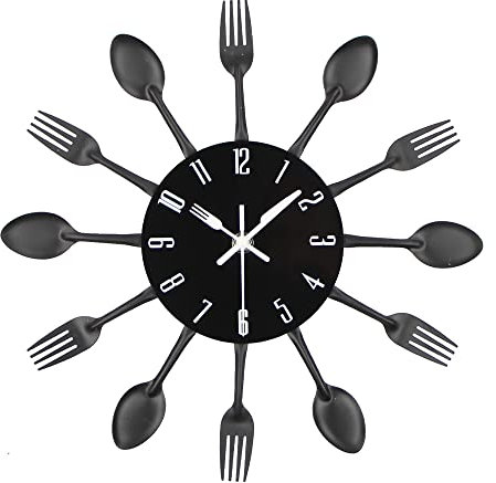Timelike Edelstahl Küchenutensilien Uhr - Küche Besteck Wanduhr mit getönten Gabeln, Löffel, Spatel Design Küchenuhr mit für Küche Déco Indoor und Outdoor 12.6'' Schwarz