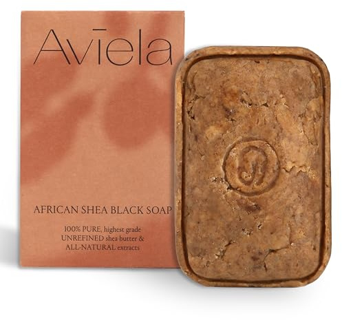 Aviela African Black Soap Bar, Contains Shea Butter, Clears & Exfoliates Skin, Vegan & Cruelty Free, 100% Natural Unrefined African Shea Butter Face & Body Soap, 120g