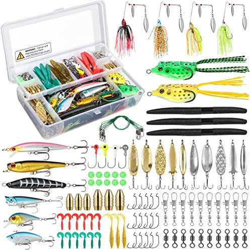 PLUSINNO® 102-teilige Kunstköder Set inklusive Stickbait,Wobbler,Würmer,Jighaken,Frösche,Blinker und Weitere Zubehörteile