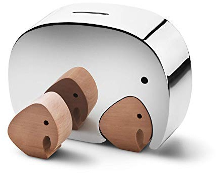 Georg Jensen Elephant Stainless Steel Money Bank with 2 Oak Puzzle Pieces